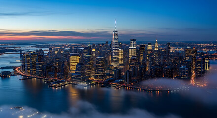 Naklejka premium Aerial view of New York City skyline at dusk with One World Trade Center prominently visible and the Hudson River in the foreground.