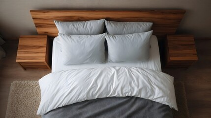Obraz premium Overhead view of a modern minimalist bedroom with a wooden headboard and nightstands