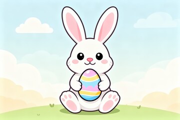 Fototapeta premium Cute cartoon bunny with easter egg in pastel spring landscape