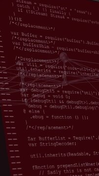 Vertical video: 3D node mesh shifting as red panel appearing behind, code scrolling, showing Buffer