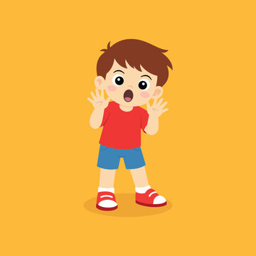 Surprised toddler boy cartoon character in simple flat style  solid background. Cute little kid with wide eyes and amazed expression