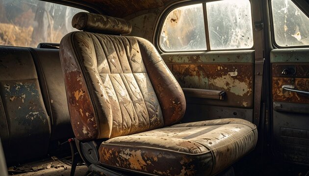Interior of a Worn Classic Car Showing Patina and Decay Detail of Aged Upholstery Time Worn Vehicle.