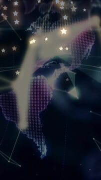 Vertical video: Animated dotted globe forming rotating as triangles sliding inward showing network