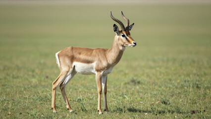 Fototapeta premium Gazelle Standing In A Lush Green Field During Daylight With A Natural And Serene Wildlife Setting