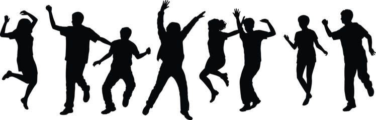 Obraz premium Dancing people silhouettes, happy friends jumping, celebration party, youth energy, fun movement, active lifestyle, cheerful group, isolated black figures concept
