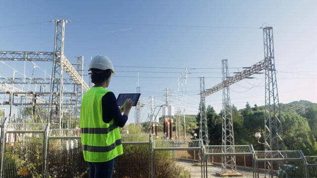 Female electrical engineer inspecting power plant substation with tablet, technician checking high voltage transmission tower and power lines for energy industry