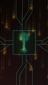Vertical video: Nodes appearing near circuit square driving cyan branches, neon beams mapping money