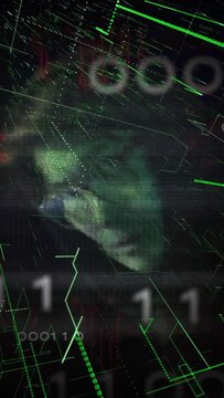 Vertical video: Green fragments appearing HUD forming polygons and scanning smoky face for tracking