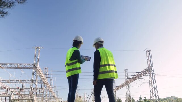 Electrical engineers with a digital tablet discussing maintenance and inspecting an electric power grid substation, ensuring safety and efficiency in energy distribution