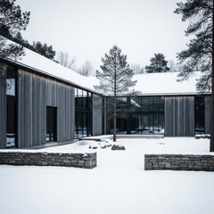 Fototapeta premium Modern house with wooden facade and stone walls in a snowy landscape
