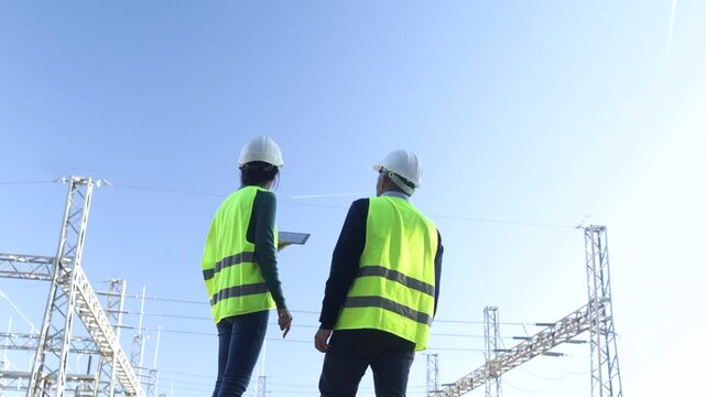 Two engineers wearing hard hats and safety vests discussing a project at a high voltage power substation, inspecting the electrical infrastructure and transmission lines