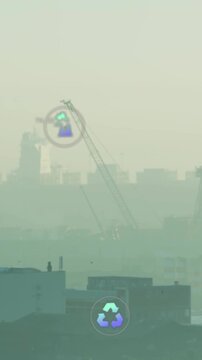 Vertical video: HUD activation sending eco icons pulsing and drifting to show hazy port air quality