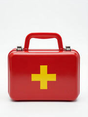 Obraz premium Red First Aid Kit With Yellow Cross On White Background, Minimalist Design, Emergency Medical Supplies