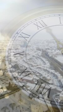 Vertical video: Clock hand starting, clock face sweeping, fading snow town into sea, showing time