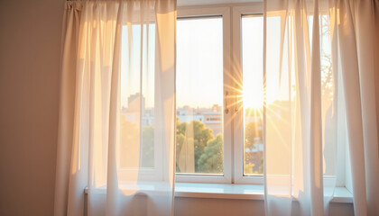 Fototapeta premium sunlight streaming through sheer curtains illuminating a window with a view of greenery during sunset, perfect for interior design or relaxation themes