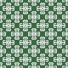 Green Background White Geometric Motif Traditional Textile Pattern
