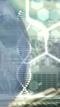 Vertical video: Dots appearing above palm forming rising turning DNA helix showing data globe hex