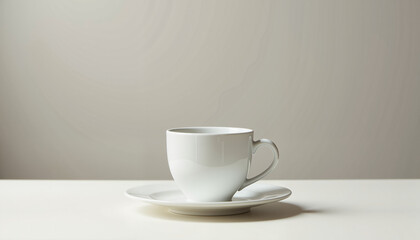 Obraz premium white ceramic coffee cup with saucer on a minimalist surface against a neutral background for branding and café presentations
