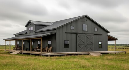 Fototapeta premium Modern dark grey barn-style residence featuring a spacious wraparound porch, beautifully set in a vast green field under an open sky, epitomizing contemporary rural architecture and serene living