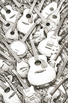 Multiple acoustic and electric guitars, mandolin, banjo and violin overlapping in detailed black and white pencil drawing composition.