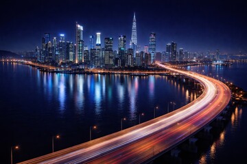 Fototapeta premium Modern City Skyline At Night With Highway Light Trails