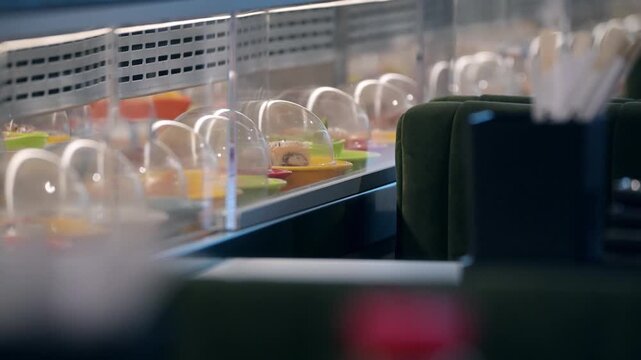 Sushi plates move on a conveyor belt at a sushi restaurant while customers wait for their meal