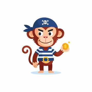 Mischievous monkey wearing a pirate bandana and striped shirt proudly displays a shiny gold doubloon coin in its hand.
