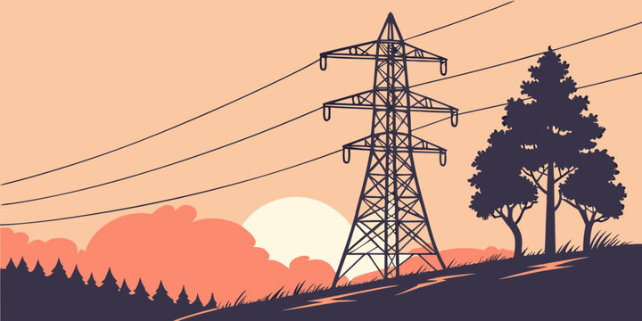 Power lines and forest under a serene sunset sky