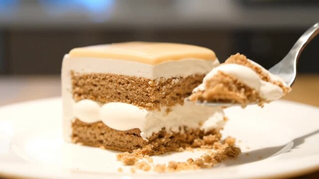Fork taking a bite of layered cream cake on plate