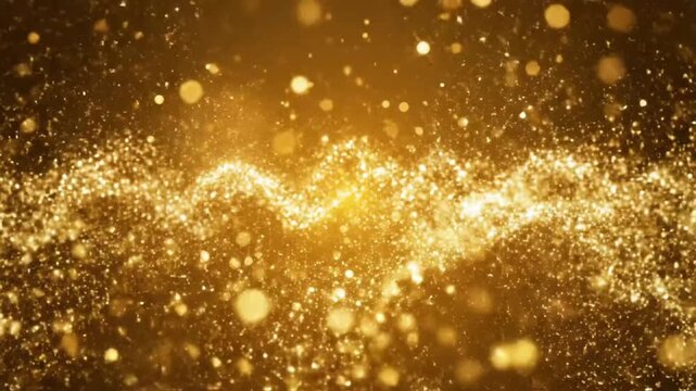 Bright golden sparkles burst and shine in a dark background during a fast-paced light display show at night