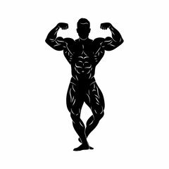 Obraz premium A black silhouette of a muscular bodybuilder posing, emphasizing strength and physique