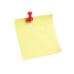 Yellow note with red pushpin isolated on transparent background