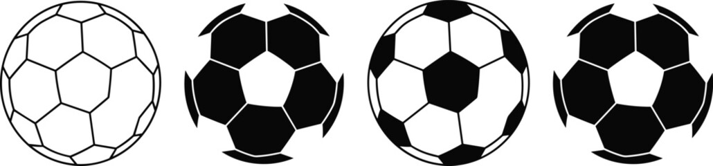 Fototapeta premium Black and white soccer ball vector icon set with outline, geometric pentagon patterns, football sports equipment illustrations for athletic designs.