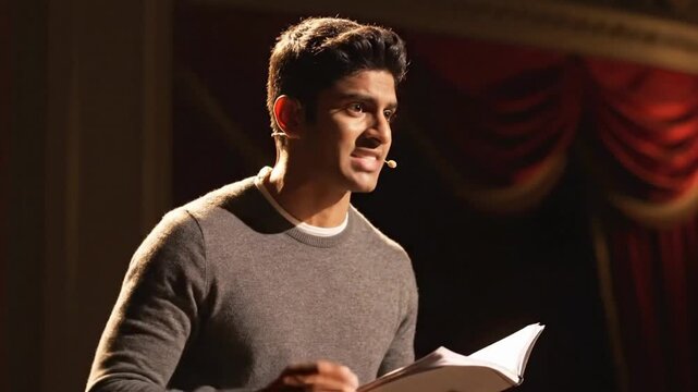 Actor performs dramatic monologue on stage in a theater