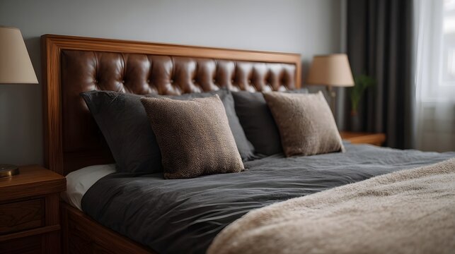 Cozy and elegant bedroom interior with tufted leather headboard and soft bedding