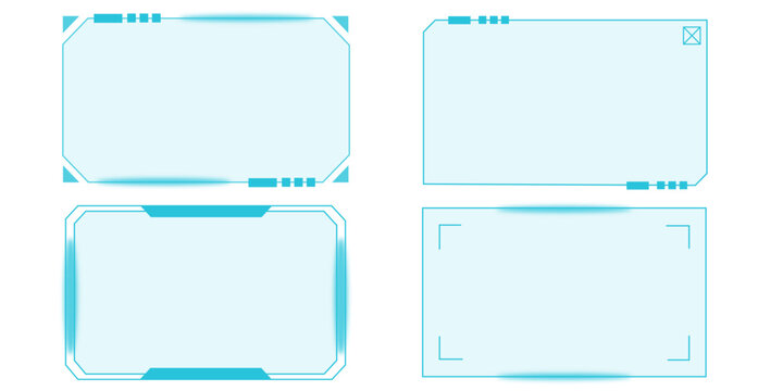 4 blue futuristic HUD frames vector collection. Includes rectangular and rounded corner designs with digital elements. Created in flat line style with a light blue palette.