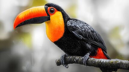 Fototapeta premium Toucan jungle branch pencil sketch realistic bird photo