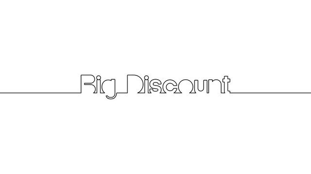 big discount text continuous one line art animated single drawn animation typography on white black background. marketing sale offer big discount word 4k video