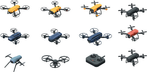 Fototapeta premium Isometric drone collection, quadcopter UAV technology, aerial photography devices, remote control aircraft, modern surveillance flying gadgets, vector illustration set