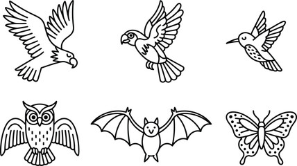 Fototapeta premium Collection of six hand-drawn, outline style animals including birds, owl, bat, and butterfly. Perfect for educational materials, children's books, or decorative designs.