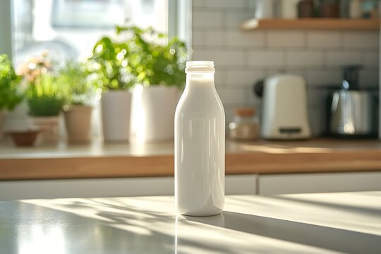 A clear glass bottle of fresh milk stands on a sunlit kitchen counter.