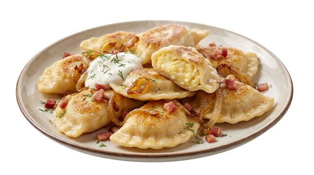 Plate of golden fried pierogi with sour cream, bacon bits, and caramelized onions on white background