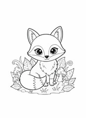 Obraz premium Adorable cartoon fox in whimsical foliage with big eyes in black and white line art for childrens coloring book