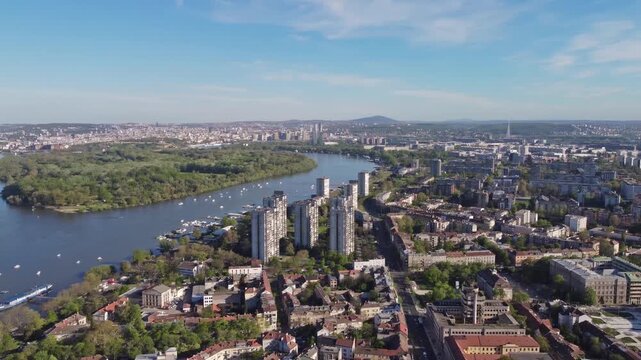Drone view of Zemun municipality and Belgrade cityscape, capital of Serbia.