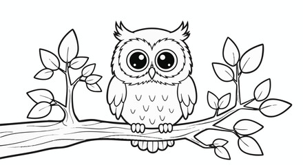 Cartoon Owl on Branch with Leaves in Simple Line Art Style with Black and White Color Scheme for Childrens Coloring Book © Any