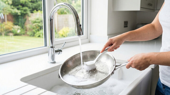 Cleaning Shiny Frying Pan with Soap Suds in Farmhouse Sink