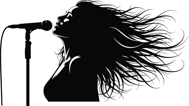 Female singer profile silhouette with flowing hair, woman performing on microphone, vocal artist, pop music vocalist, flavector, isolated on white background.