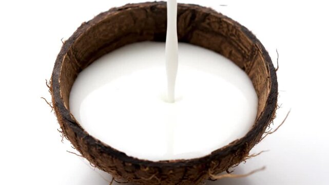 Coconut shell with creamy liquid pouring inside against white background