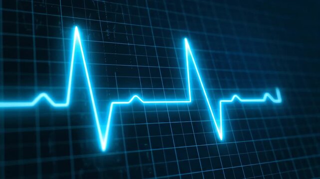 A vibrant neon blue electrocardiogram heartbeat line pulses across a dark digital grid, representing medical monitoring and vital signs.