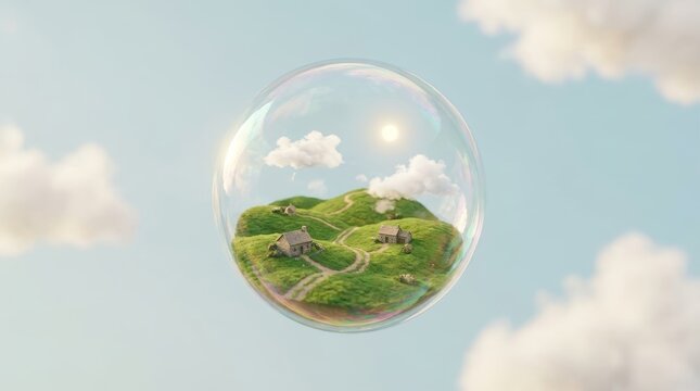 Protected Green World in a Bubble Floating in Blue Sky